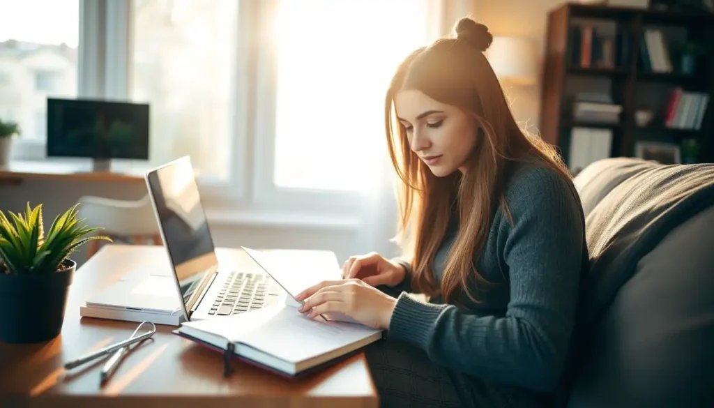 Young woman reviewing usage-based auto insurance documents in a calm, focused study space